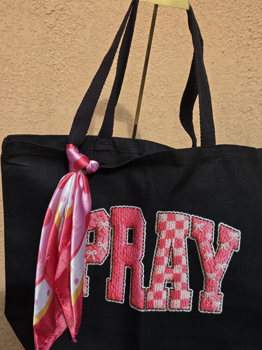 Black Tote Bag with Pink 'PRAY' Applique and Pink Scarf